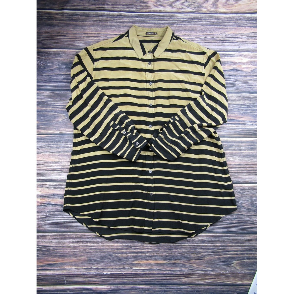 J McLaughlin Mens Size XL Beige Black Striped Button Up Shirt 100% Silk